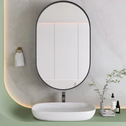 Armoire De Toilette|Okwish Armoire à Miroir Ovale Murale avec Cadre Métallique Noir - Meuble de Salle de Bain avec Étagères Réglables, 51.5x85 cm, Noir