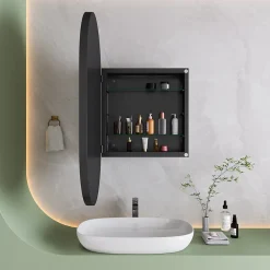 Armoire De Toilette|Okwish Armoire à Miroir Ovale Murale avec Cadre Métallique Noir - Meuble de Salle de Bain avec Étagères Réglables, 51.5x85 cm, Noir