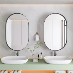 Armoire De Toilette|Okwish Armoire à Miroir Ovale Murale avec Cadre Métallique Noir - Meuble de Salle de Bain avec Étagères Réglables, 51.5x85 cm, Noir