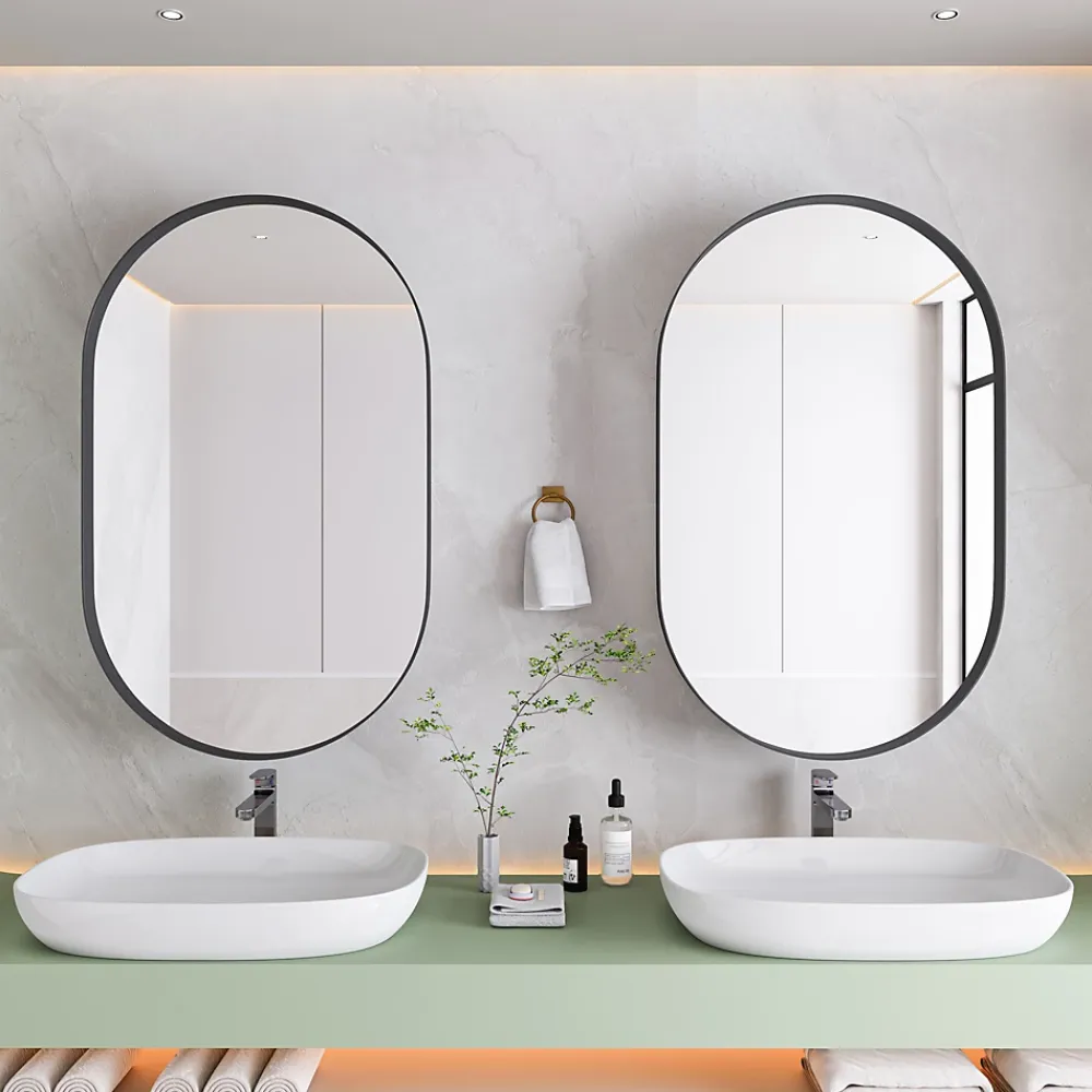 Armoire De Toilette|Okwish Armoire à Miroir Ovale Murale avec Cadre Métallique Noir - Meuble de Salle de Bain avec Étagères Réglables, 51.5x85 cm, Noir