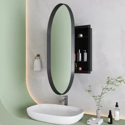 Armoire De Toilette|ProximaX Armoire à miroir ovale noire avec cadre métal, meuble mural avec étagères réglables, rangement salle de bain