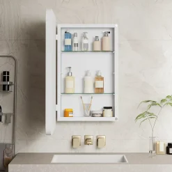 ProximaX Armoire à miroir rectangulaire avec cadre métal, armoire murale à étagères réglables, pour salle de bain ou chambre, blanc