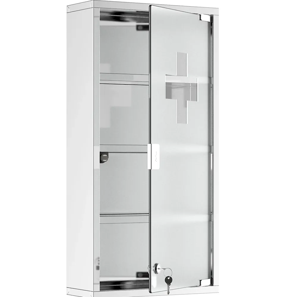 Armoire De Salle De Bains|Homcom Armoire à pharmacie 3 étagères 4 niveaux 30L x 12l x 60H cm porte verre trempé symbole croix acier inoxydable brossé