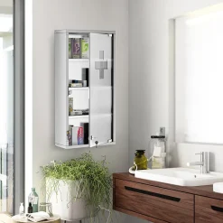 Armoire De Salle De Bains|Homcom Armoire à pharmacie 3 étagères 4 niveaux 30L x 12l x 60H cm porte verre trempé symbole croix acier inoxydable brossé