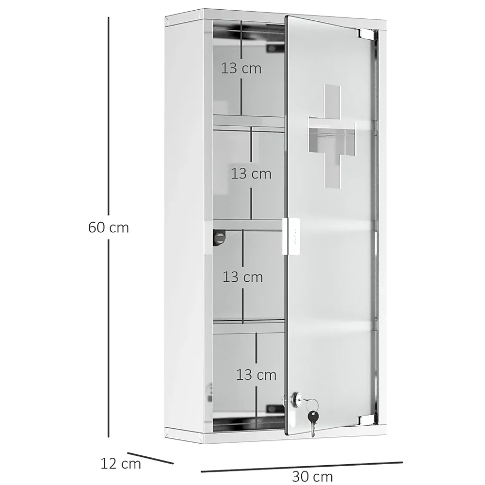 Armoire De Salle De Bains|Homcom Armoire à pharmacie 3 étagères 4 niveaux 30L x 12l x 60H cm porte verre trempé symbole croix acier inoxydable brossé