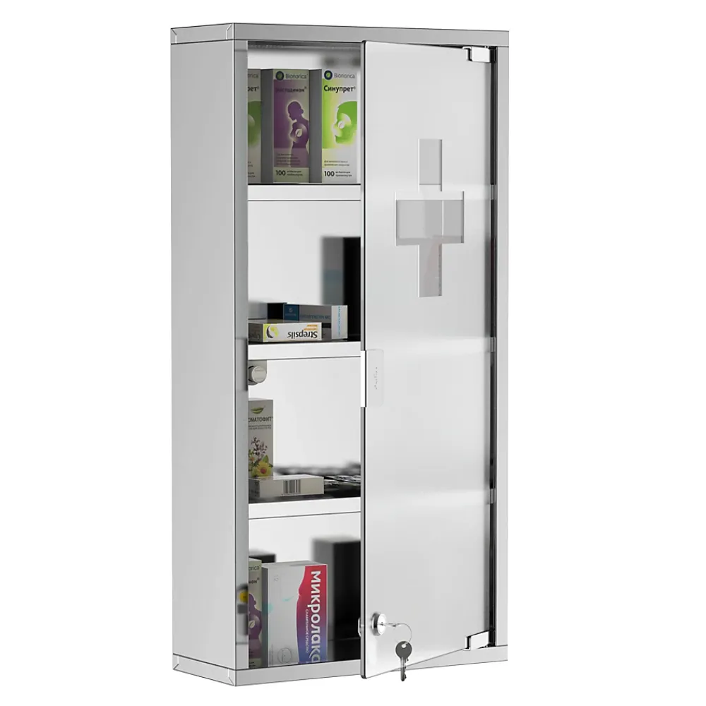 Armoire De Salle De Bains|Homcom Armoire à pharmacie 3 étagères 4 niveaux 30L x 12l x 60H cm porte verre trempé symbole croix acier inoxydable brossé