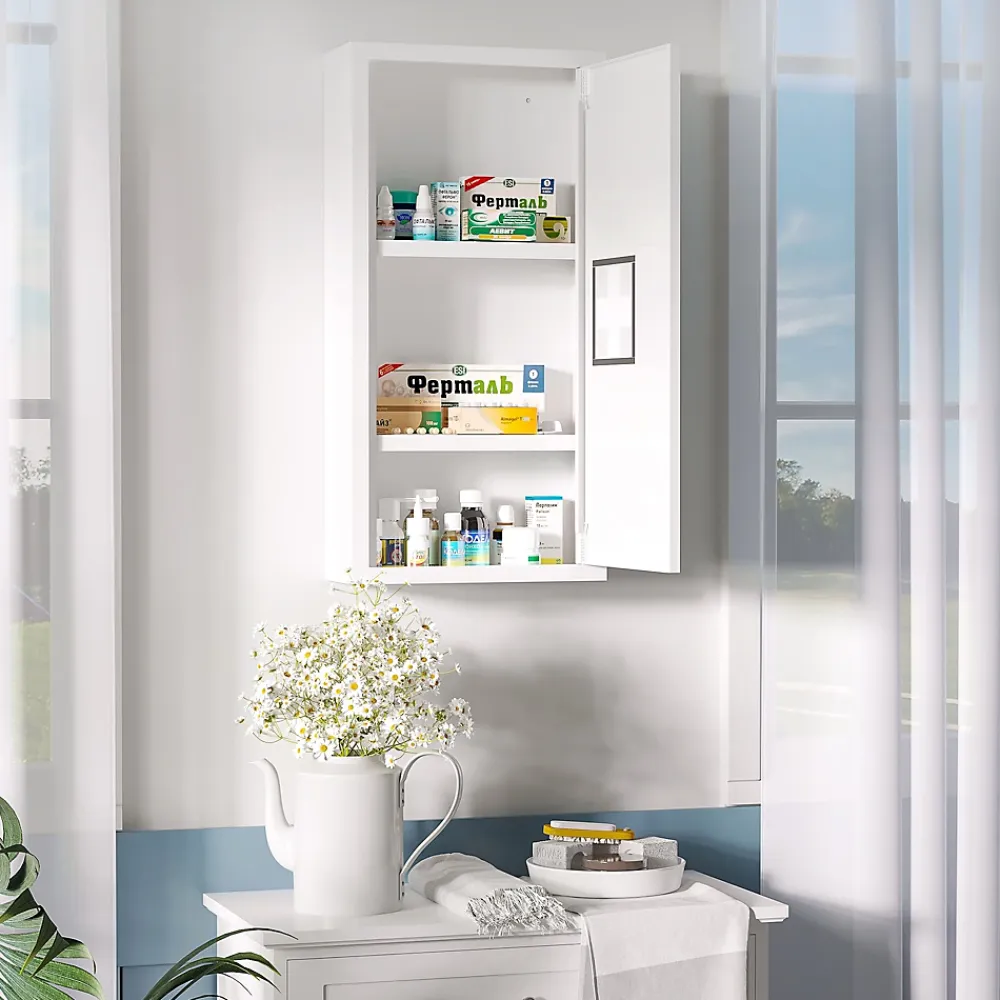 Armoire De Toilette|kleankin Armoire à pharmacie 2 étagères 3 niveaux dim. 30L x 12l x 60H cm logo croix transparent acier blanc