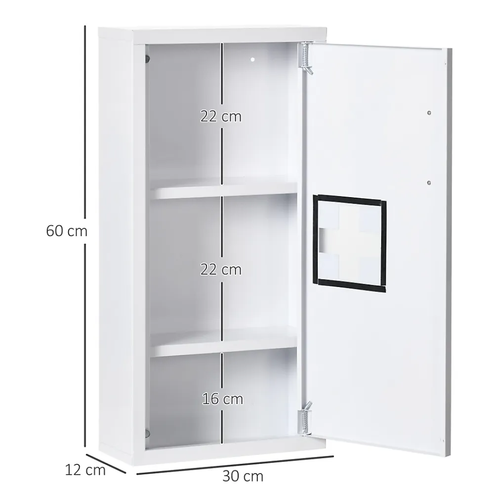Armoire De Toilette|kleankin Armoire à pharmacie 2 étagères 3 niveaux dim. 30L x 12l x 60H cm logo croix transparent acier blanc