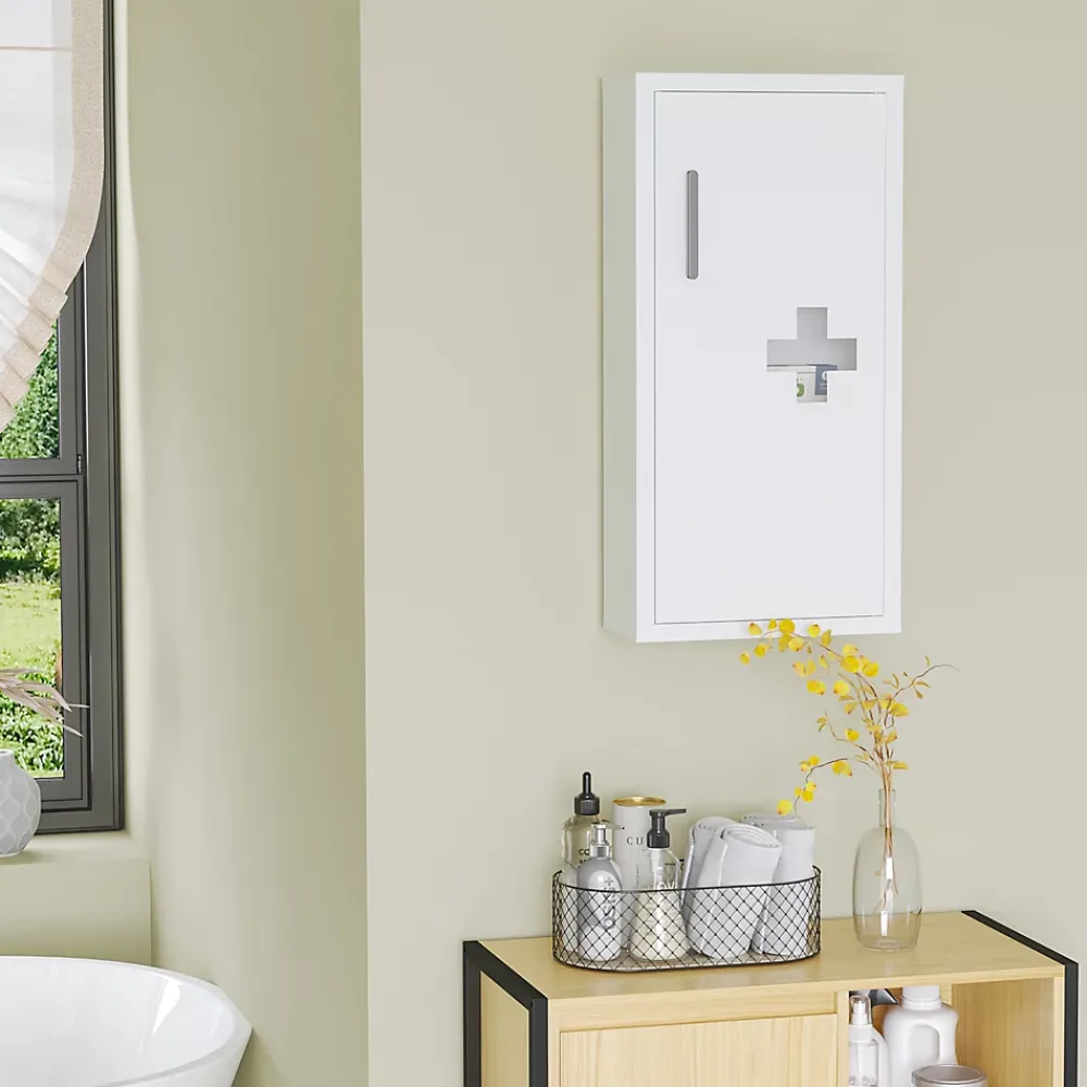 Armoire De Toilette|kleankin Armoire à pharmacie 2 étagères 3 niveaux dim. 30L x 12l x 60H cm logo croix transparent acier blanc