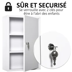 Armoire De Toilette|kleankin Armoire à pharmacie 2 étagères 3 niveaux verrouillable dim. 40L x 18l x 60H cm 2 clés métal blanc