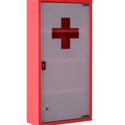 Homcom Armoire à pharmacie 3 étagères 4 niveaux verrouillable porte verre trempé dépoli logo croix 30L x 12l x 60H cm acier inox rouge