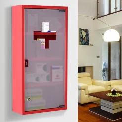 Homcom Armoire à pharmacie 3 étagères 4 niveaux verrouillable porte verre trempé dépoli logo croix 30L x 12l x 60H cm acier inox rouge