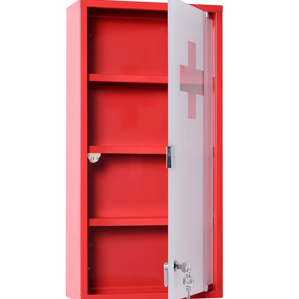 Homcom Armoire à pharmacie 3 étagères 4 niveaux verrouillable porte verre trempé dépoli logo croix 30L x 12l x 60H cm acier inox rouge