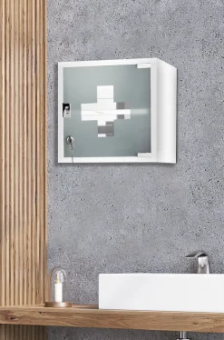 Meuble De Salle De Bains Faible Profondeur|MPGlass Armoire à pharmacie L.30 x H.30 x P.15 cm, acier + porte verre sablé, blanc, Siena