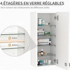Armoire De Toilette|kleankin Armoire à pharmacie murale verrouillable - 5 niveaux - verre panneaux blanc