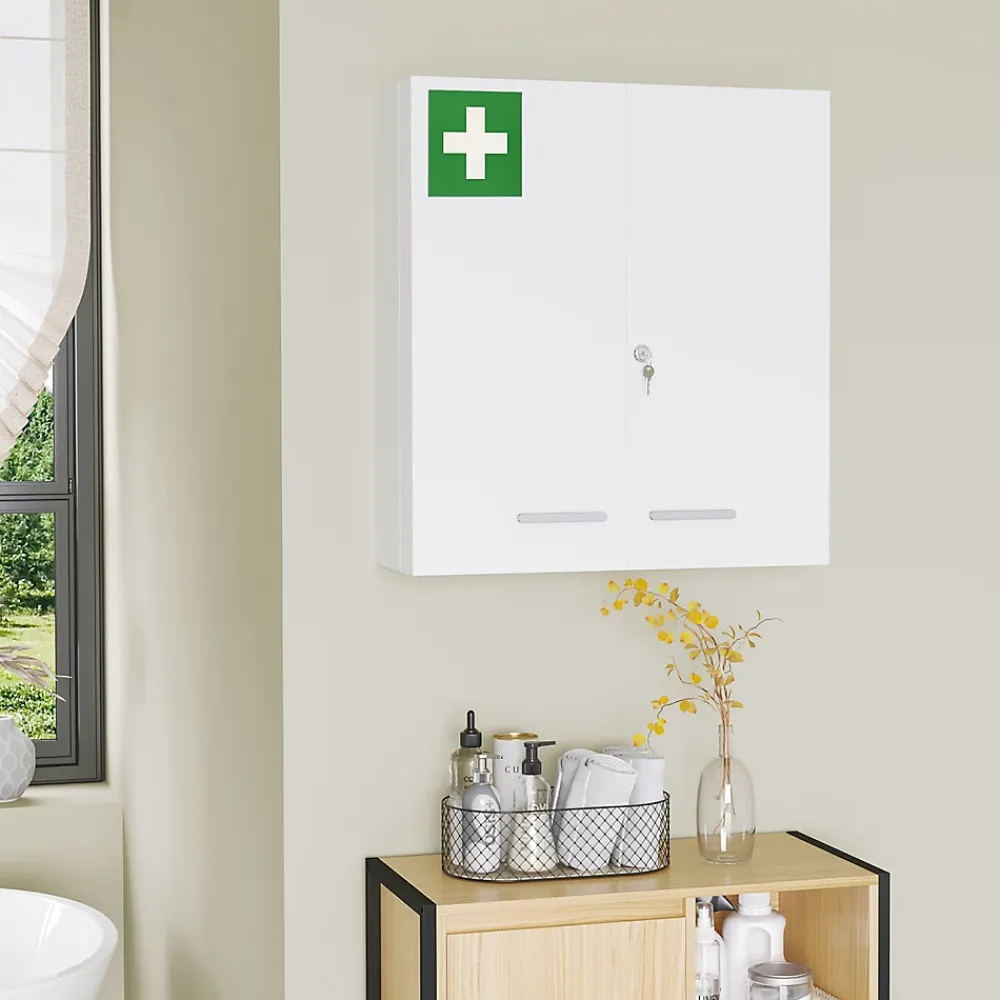 Armoire De Toilette|kleankin Armoire à pharmacie murale verrouillable 2 portes 6 étagères 6 compartiments dim. 55 x 18 x 60 cm acier blanc