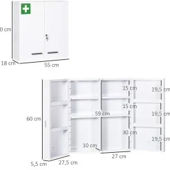 Armoire De Toilette|kleankin Armoire à pharmacie murale verrouillable 2 portes 6 étagères 6 compartiments dim. 55 x 18 x 60 cm acier blanc