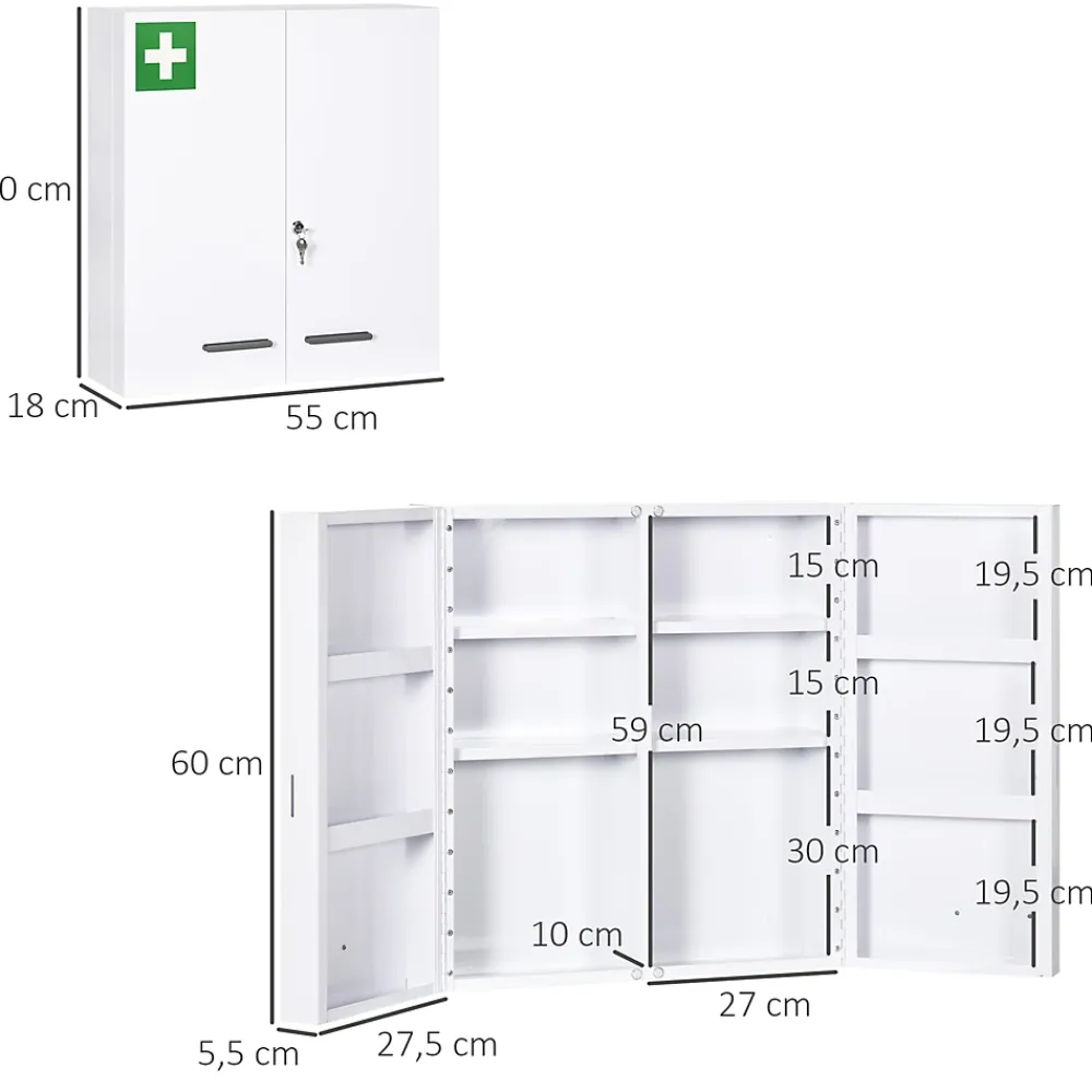 Armoire De Toilette|kleankin Armoire à pharmacie murale verrouillable 2 portes 6 étagères 6 compartiments dim. 55 x 18 x 60 cm acier blanc