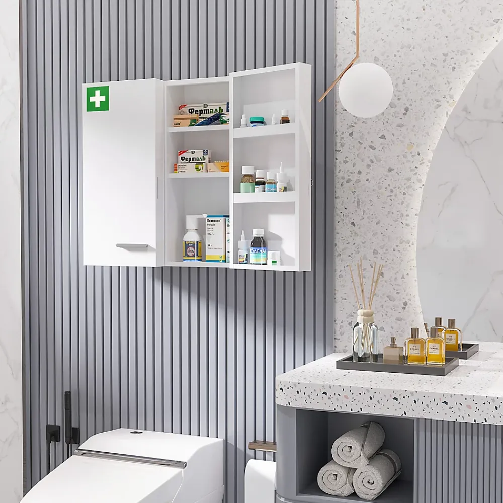 Armoire De Toilette|kleankin Armoire à pharmacie murale verrouillable 2 portes 6 étagères 6 compartiments dim. 55 x 18 x 60 cm acier blanc