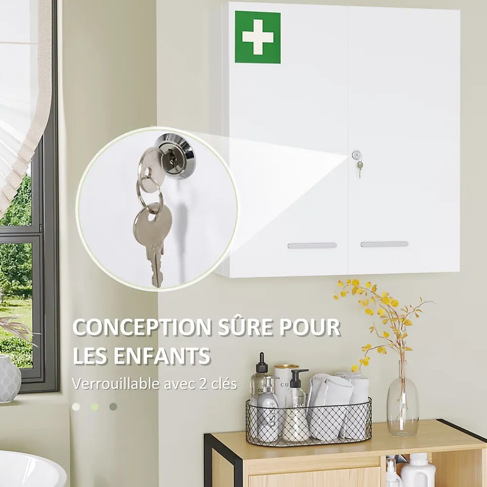 Armoire De Toilette|kleankin Armoire à pharmacie murale verrouillable 2 portes 6 étagères 6 compartiments dim. 55 x 18 x 60 cm acier blanc
