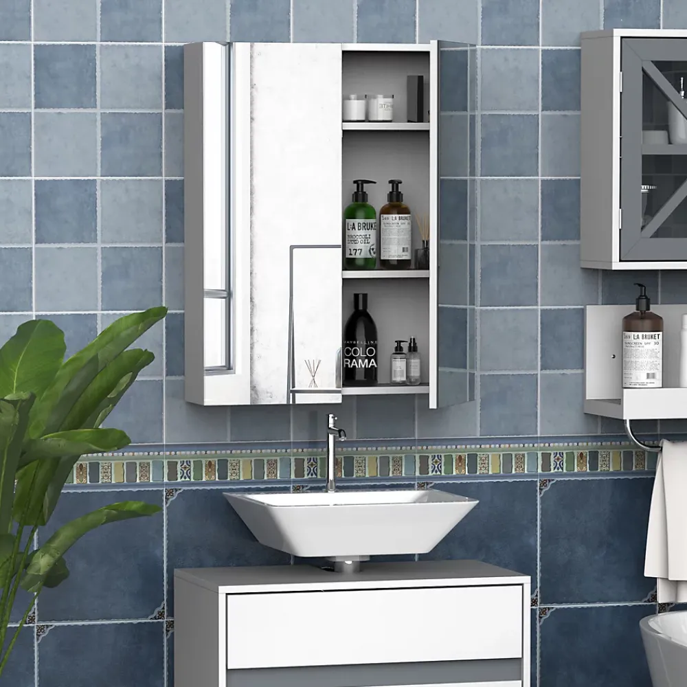 Homcom Armoire avec miroir en bois rangement salle de bain fermeture porte tampon MDF blanc