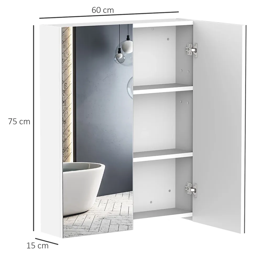 Homcom Armoire avec miroir en bois rangement salle de bain fermeture porte tampon MDF blanc