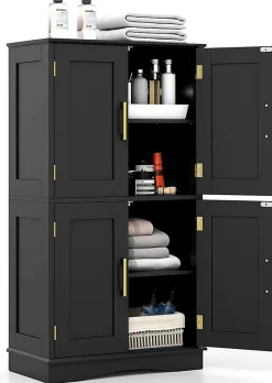 Giantex Armoire de Rangement de Salle de Bain, Armoire sur Sol avec 4 Portes, 2 Étagères Réglables et Détachables,60 x 30 x 110 CM (Noir)