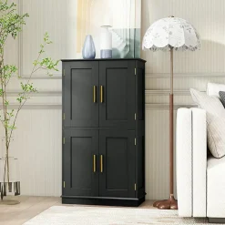 Giantex Armoire de Rangement de Salle de Bain, Armoire sur Sol avec 4 Portes, 2 Étagères Réglables et Détachables,60 x 30 x 110 CM (Noir)