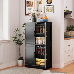 Giantex Armoire de Rangement de Salle de Bain, Armoire sur Sol avec 4 Portes, 2 Étagères Réglables et Détachables,60 x 30 x 110 CM (Noir)