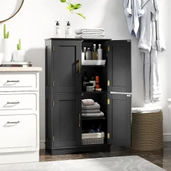 Giantex Armoire de Rangement de Salle de Bain, Armoire sur Sol avec 4 Portes, 2 Étagères Réglables et Détachables,60 x 30 x 110 CM (Noir)
