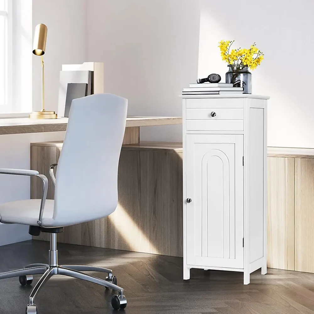 Giantex Armoire de Rangement pour Salle de Bain Meuble de Toilette sur Pied en MDF avec Tiroir et 2 Etagere Reglable a Hauteurs