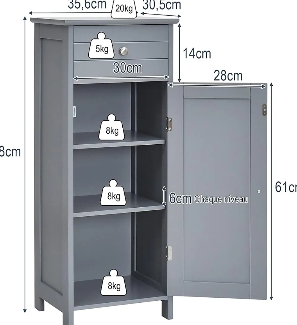 Giantex Armoire de Rangement pour Salle de Bain Meuble de Toilette sur Pied en MDF avec Tiroir et 2 Etagere Reglable a Hauteurs