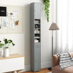 Giantex Armoire de Salle de Bain Haut avec 2 Portes 1 Tiroir 5 Etageres Reglables Dispositif Anti-basculement Meuble Colonne Rangement