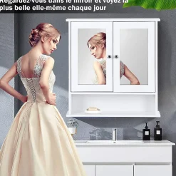 Armoire De Salle De Bains|Giantex Armoire de Salle de Bain Murale avec Miroir, Armoire Suspendue avec étagère Réglable, 2 Porte&3 étagère, 56x13x58CM,Blanc