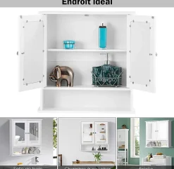 Armoire De Salle De Bains|Giantex Armoire de Salle de Bain Murale avec Miroir, Armoire Suspendue avec étagère Réglable, 2 Porte&3 étagère, 56x13x58CM,Blanc