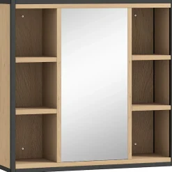 Armoire De Toilette|ProximaX Armoire de salle de bain avec miroir, 6 compartiments ouverts, étagère à 3 niveaux, fixation murale, chêne
