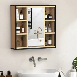 Armoire De Toilette|ProximaX Armoire de salle de bain avec miroir, 6 compartiments ouverts, étagère à 3 niveaux, fixation murale, chêne