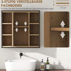 Armoire De Toilette|ProximaX Armoire de salle de bain avec miroir, 6 compartiments ouverts, étagère à 3 niveaux, fixation murale, chêne