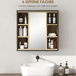Armoire De Toilette|ProximaX Armoire de salle de bain avec miroir, 6 compartiments ouverts, étagère à 3 niveaux, fixation murale, chêne