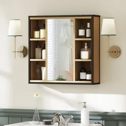 Armoire De Toilette|ProximaX Armoire de salle de bain avec miroir, 6 compartiments ouverts, étagère à 3 niveaux, fixation murale, chêne