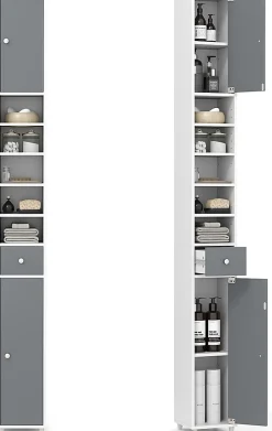 Colonne De Salle De Bains|Giantex Armoire de Salle de Bain Haut, avec 2 Portes,1 Tiroir, 5 Étagères,Anti-basculement, pour Petits Espaces,20x20x180cm (Blanc+Gris)