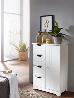 Finebuy Armoire de Salle de Bain 56x83x30 cm Commode avec Tiroir et Porte Blanc