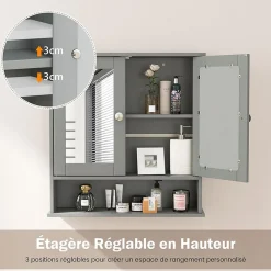 Meuble De Salle De Bains Faible Profondeur|Armoire De Salle De Bains|Giantex Armoire de Salle de Bain Murale avec Miroir 56 x 13 x 58 CM Gris Foncé