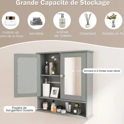 Meuble De Salle De Bains Faible Profondeur|Armoire De Salle De Bains|Giantex Armoire de Salle de Bain Murale avec Miroir 56 x 13 x 58 CM Gris Foncé