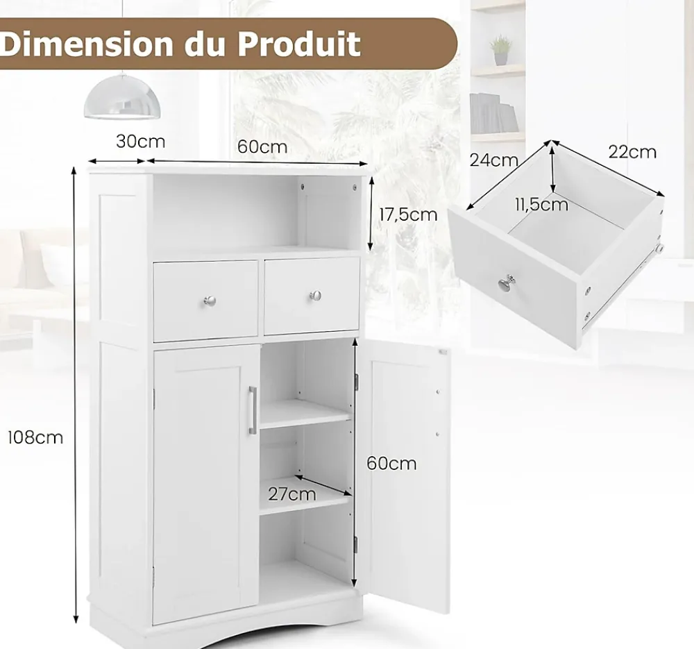 Giantex Armoire de Salle de Bain avec Etagere Reglable Meuble de Rangement sur Pieds avec Tiroirs et Portes Blanc