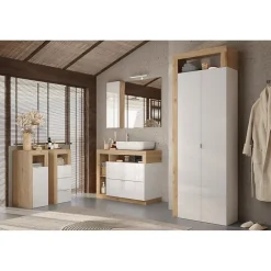 Meuble De Salle De Bains Faible Profondeur|Meublorama Armoire de salle de bains, 2 portes, collection BURA. Coloris blanc brillant laqué et chene clair