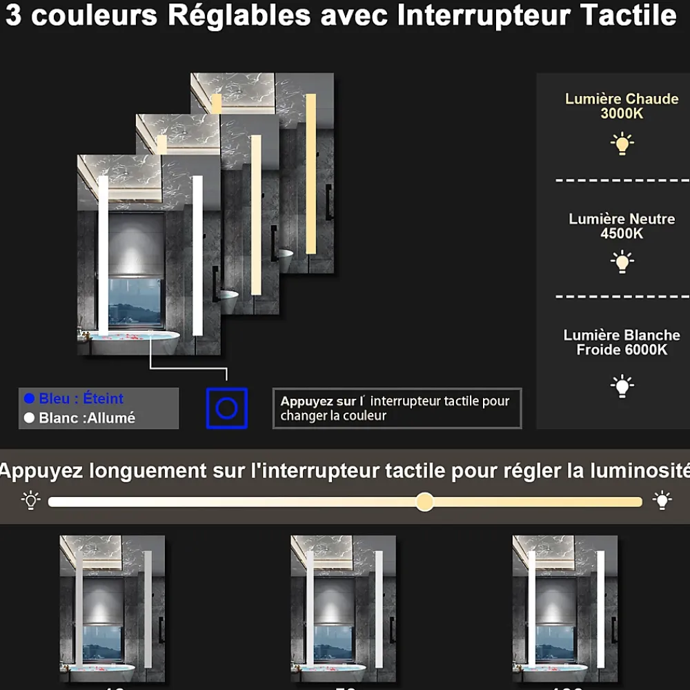 Armoire De Toilette|AICA Sanitaire Armoire de toilette avec Miroir LED Anti-Buée, Éclairage 3 Couleurs et Prise Rasoir, Blanc, 50x70 cm,