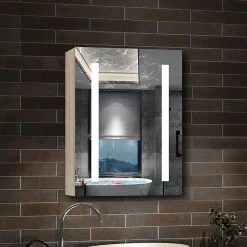 Armoire De Toilette|AICA Sanitaire Armoire de toilette avec Miroir LED Anti-Buée, Éclairage 3 Couleurs et Prise Rasoir, Chêne, 40x70 cm,