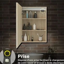 Armoire De Toilette|AICA Sanitaire Armoire de toilette avec Miroir LED Anti-Buée, Éclairage 3 Couleurs et Prise Rasoir, Chêne, 40x70 cm,