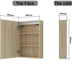 Armoire De Toilette|AICA Sanitaire Armoire de toilette avec Miroir LED Anti-Buée, Éclairage 3 Couleurs et Prise Rasoir, Chêne, 40x70 cm,